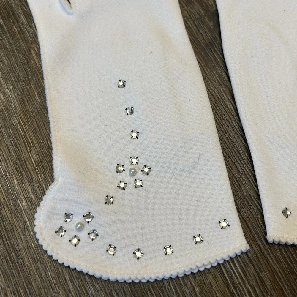 White Dress Gloves Rhinestone Faux Pearl Embellished Formal Bridal Gloves